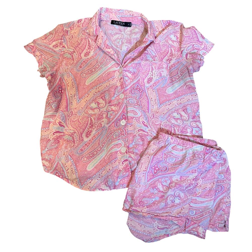 Lauren Ralph Lauren Pink Paisley 2 Piece Pajama Set M Short Sleeve Button Down - Picture 2 of 14
